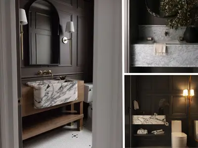 Collage of dark-toned, moody bathroom designs