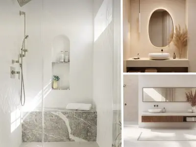 Collage of luxurious, high-end bathroom interiors