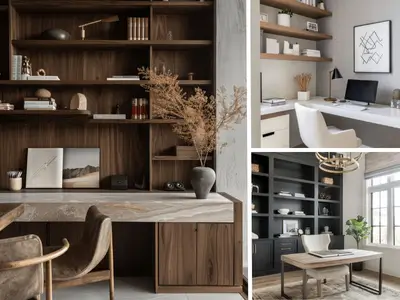A collage of 3 images showcasing organized and inspiring home office setups with modern desks and ample natural lighting.