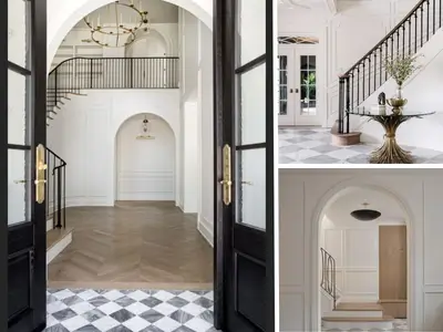 A collage of 3 images featuring welcoming home foyers with elegant entryways, statement lighting, and decorative accents.