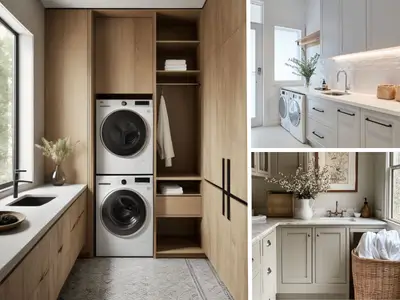 A collage of 3 images highlighting practical and aesthetic laundry room setups with organized storage and functional layouts.