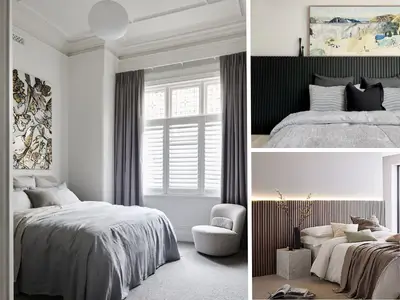 A collage of 3 images showcasing serene and stylish bedroom designs with soft furnishings, modern beds, and elegant lighting.