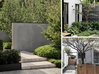 A collage of 3 images illustrating lush and creative landscaping ideas with green hedges, pathways, and outdoor seating areas.