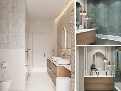 A collage of 3 images showcasing luxurious bathroom designs with freestanding bathtubs, marble finishes, and stylish fixtures.