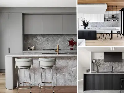 A collage of 3 images highlighting modern and elegant kitchens with sleek cabinetry, marble countertops, and spacious layouts.