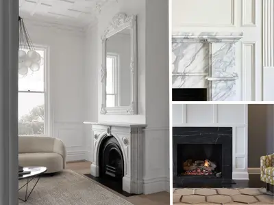 A collage of 3 images displaying cozy fireplaces surrounded by tasteful décor and inviting seating areas.