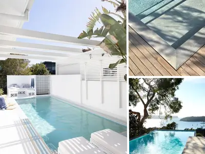 A collage of 3 images featuring luxurious pool designs surrounded by greenery, glass fencing, and outdoor lounge spaces.