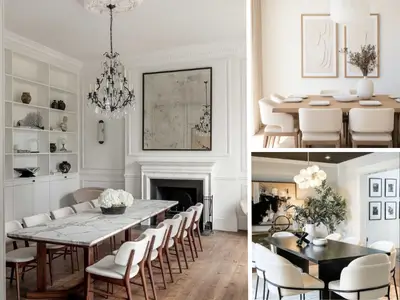 A collage of 3 images displaying elegant dining room designs with modern furniture, stylish lighting, and inviting table settings.