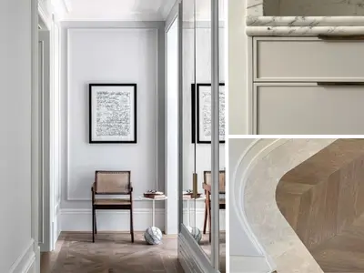 A collage of 3 images highlighting intricate internal design elements, including feature walls, custom joinery, and decorative lighting.