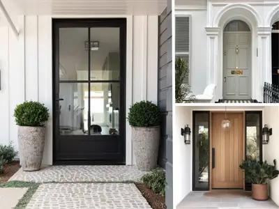 A collage of 3 images featuring inviting front door designs with unique materials, textures, and surrounding greenery.
