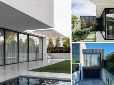 A collage of 3 images displaying unique external design features, including cladding, pergolas, and outdoor finishes.