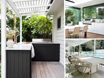 A collage of 3 images illustrating outdoor alfresco areas perfect for entertaining, with dining tables, lounges, and covered spaces.