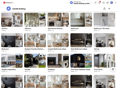 LikeSilk Building's Pinterest inspiration boards featuring categories like Landscaping, Pools, Kitchens, Bathrooms, and Heritage designs, showcasing design ideas and trends.