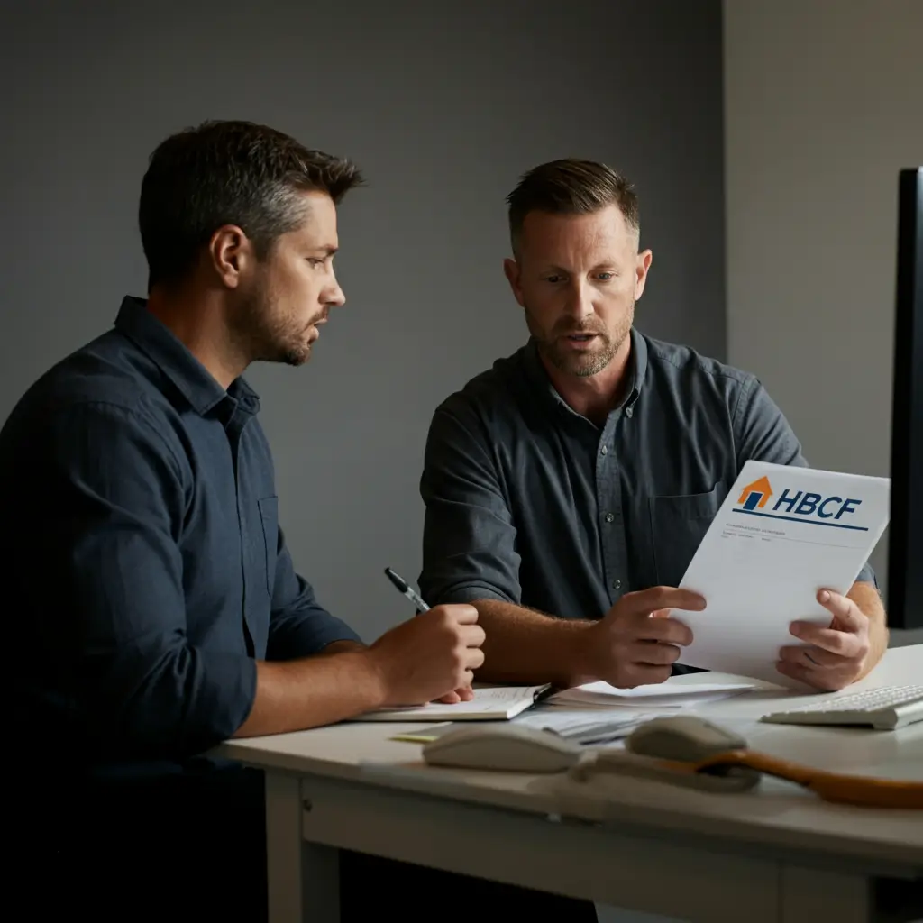Two men in a professional office environment, reviewing an HBCF document and discussing construction-related matters at a desk with visible office supplies.