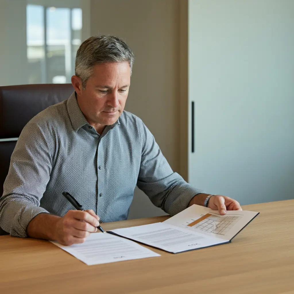 A middle-aged man sitting at a desk in a modern office, reviewing documents and blueprints with focused attention.