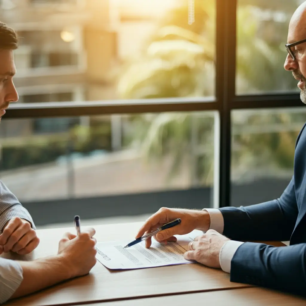 A professional consultation meeting between two men in a modern office, one signing a document while the other observes, with a large window in the background showing a bright outdoor view.