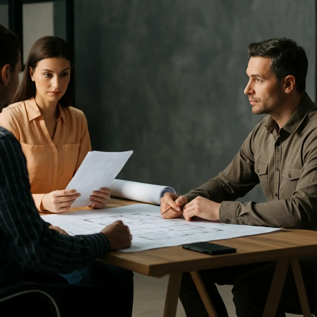 A group of three individuals, including a woman and two men, sitting at a table discussing detailed architectural plans in a modern, minimalist office space.