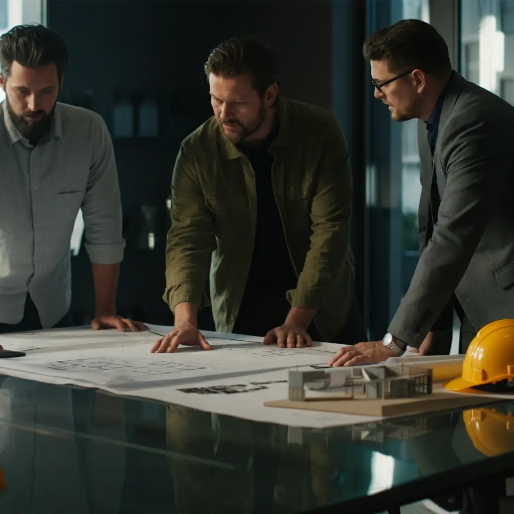 A group of three men in a modern office, engaged in discussion over architectural blueprints, with a construction model and a yellow safety helmet on the table.
