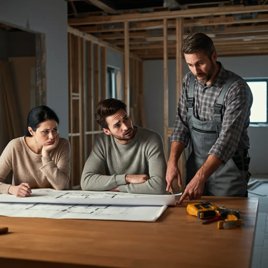 A builder explaining a construction blueprint to a couple seated at a wooden table, with tools and exposed framing in the background of an unfinished building site.