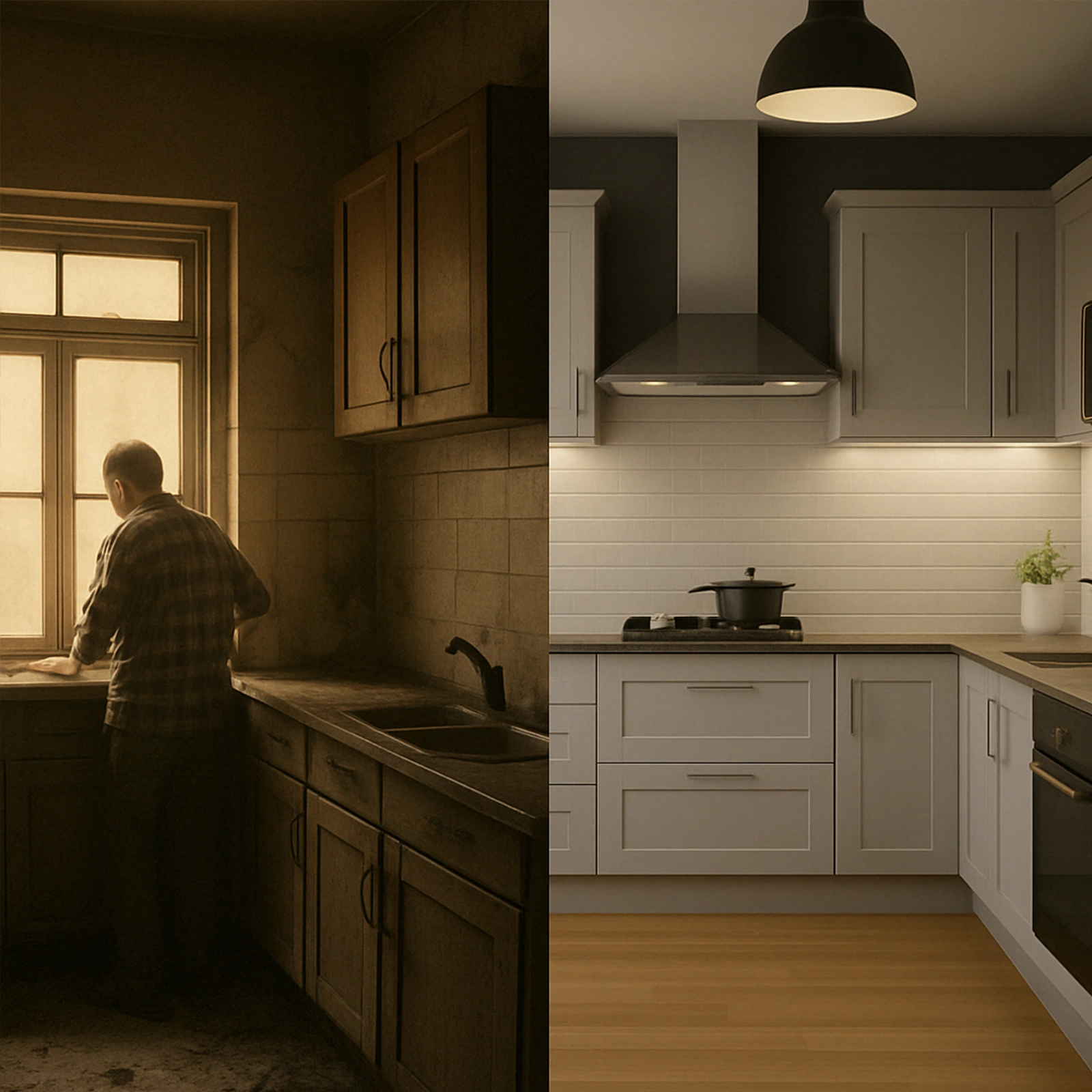 Side-by-side kitchen transformation from worn-out and dark to sleek modern design with grey cabinetry