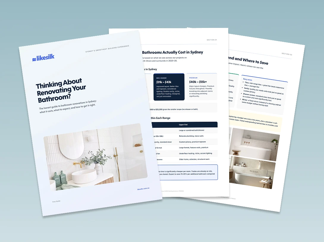 Three pages from the LikeSilk Sydney Bathroom Renovation Guide showing the cover, cost breakdown and where to spend and save sections