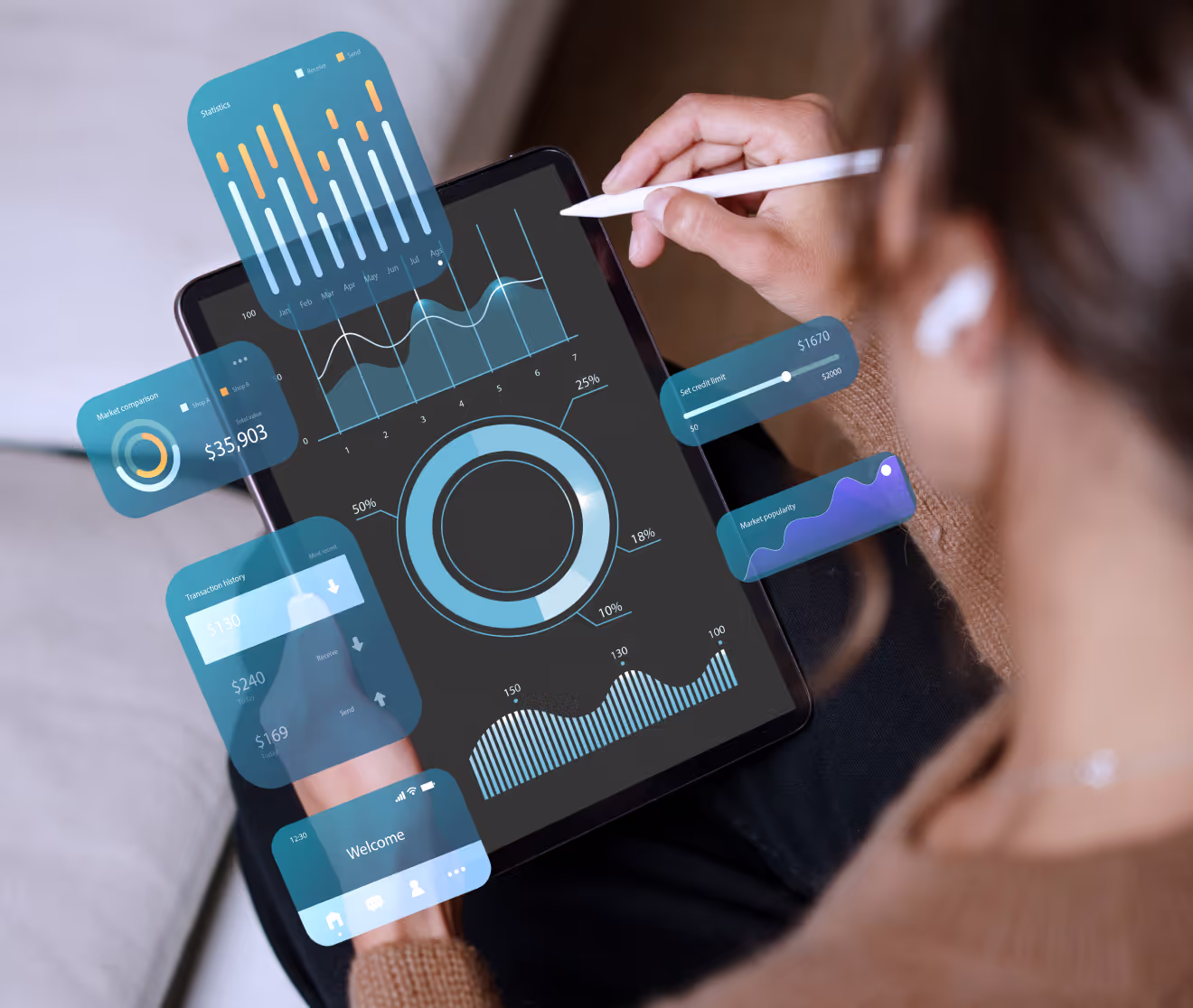 Woman looking on the iPad full of charts