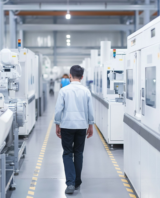 A high-tech manufacturing facility with a person walking through, representing the precision and reliability of Nimbus Library.