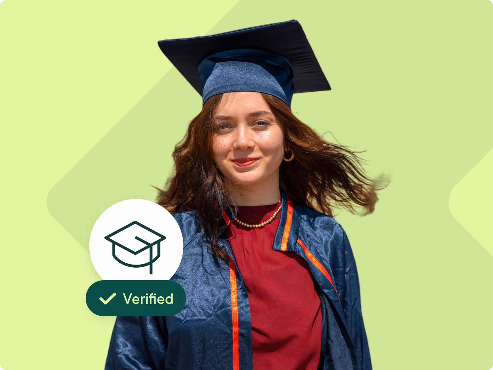 Woman wearing a graduation cap with green verified tick. Confident hiring and background checks with Trust Marketplace
