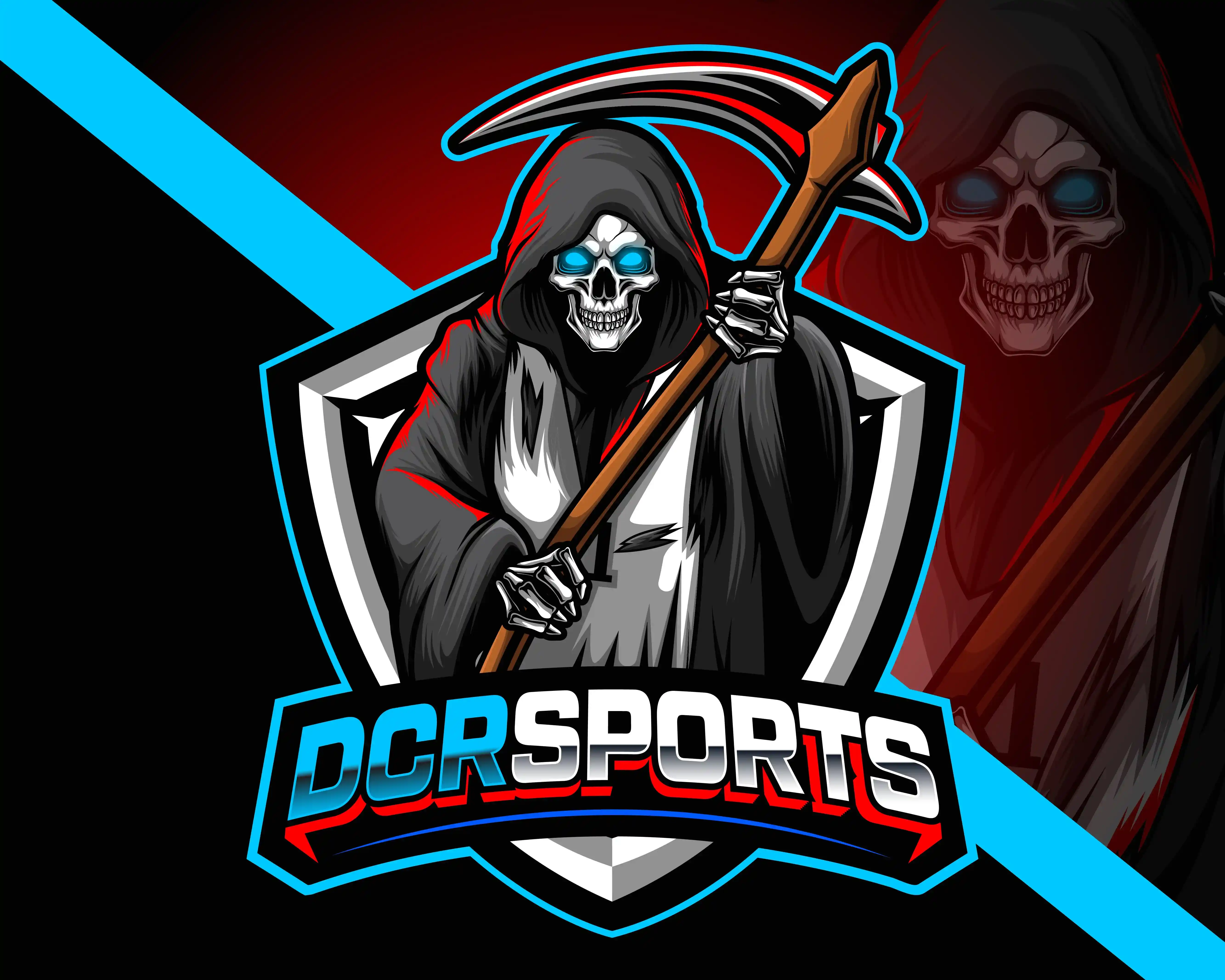 Logo of a hooded grim reaper with glowing blue eyes holding a scythe, with the text DCR SPORTS below.