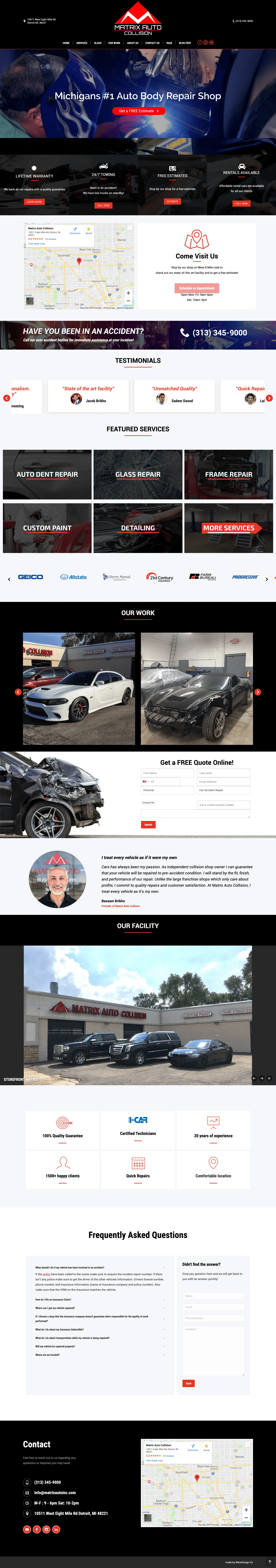 Screenshot of Matrix Auto Collision website homepage showing auto body repair services, testimonials, featured services, contact info, and location map in Detroit.