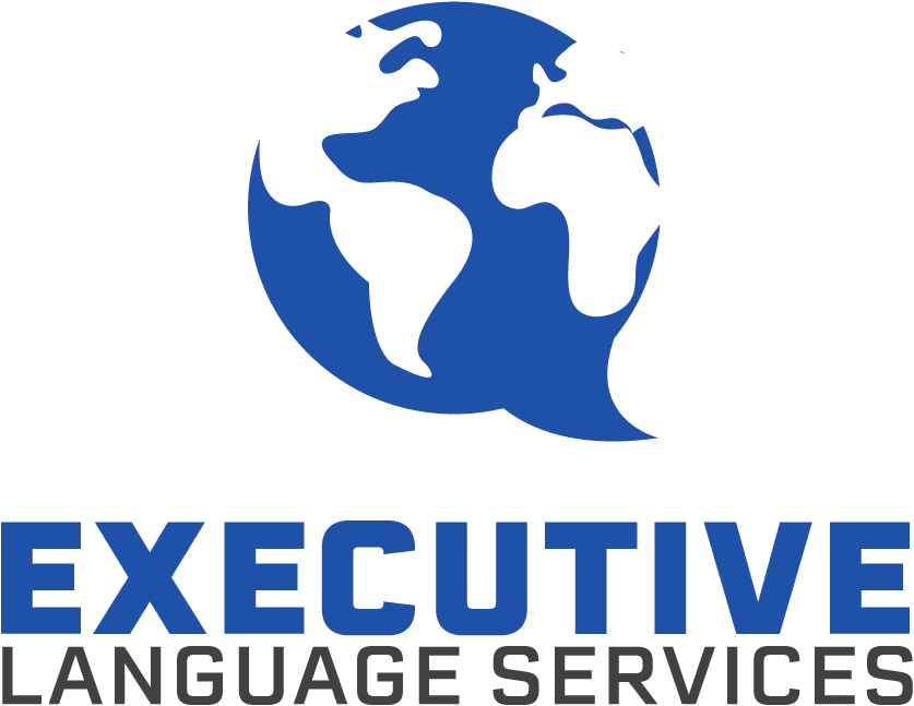 Blue globe with simplified continents above the text EXECUTIVE LANGUAGE SERVICES in bold blue and gray letters.