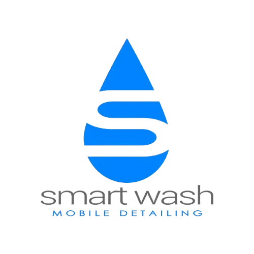 Logo for Smart Wash Mobile Detailing featuring a stylized blue water droplet with white curved stripes.