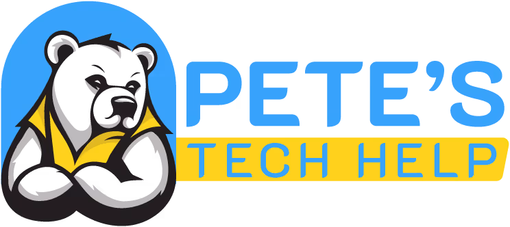 Logo with a black bear wearing a yellow shirt next to the text 'PETE'S TECH HELP' in blue and yellow.