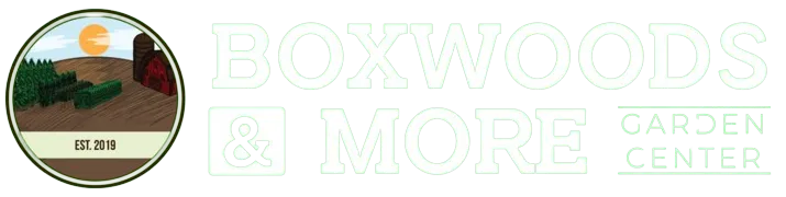 Boxwoods & More Garden Center logo featuring a green garden bed with a barn and sunset, and text reading 'EST. 2019.'