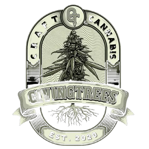 Logo of GivingTrees Craft Cannabis featuring a detailed cannabis plant with roots and banner reading 'GivingTrees' and 'Est. 2020'.