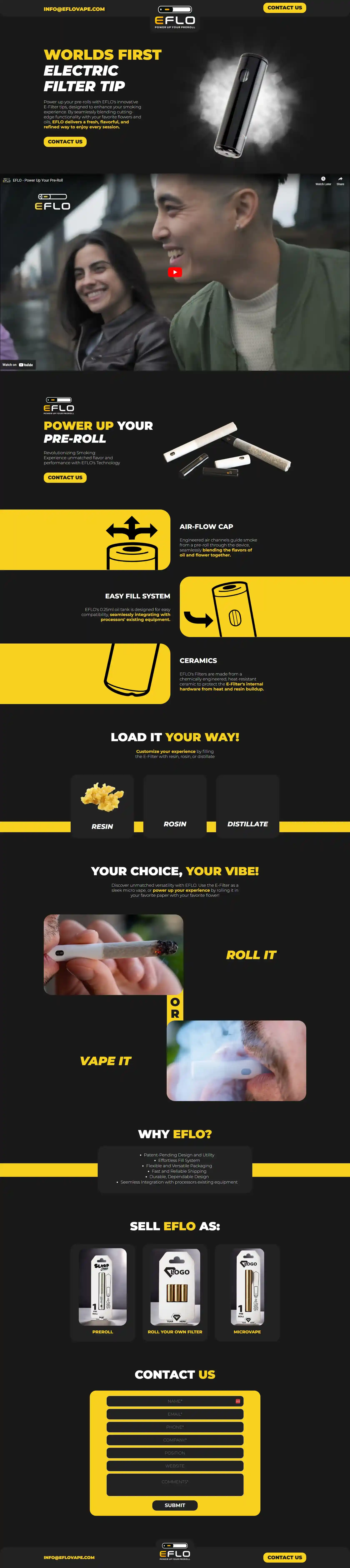EFLO electric filter tip advertisement showing the device, product features, usage options with images, and contact form on a black and yellow background.