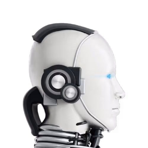 Side profile of a futuristic humanoid robot head with blue glowing eyes and mechanical components.