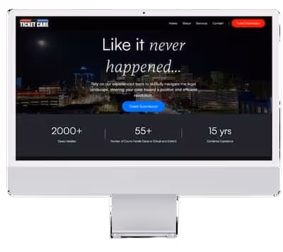 Computer screen showing Ticket Care website homepage with slogan 'Like it never happened', highlighting legal expertise and statistics on cases handled, courts served, and years of experience.