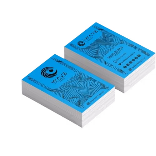 Two stacks of blue business cards with black wave patterns and a circular wave logo, showing contact details for a person named Nicola Bhardo.