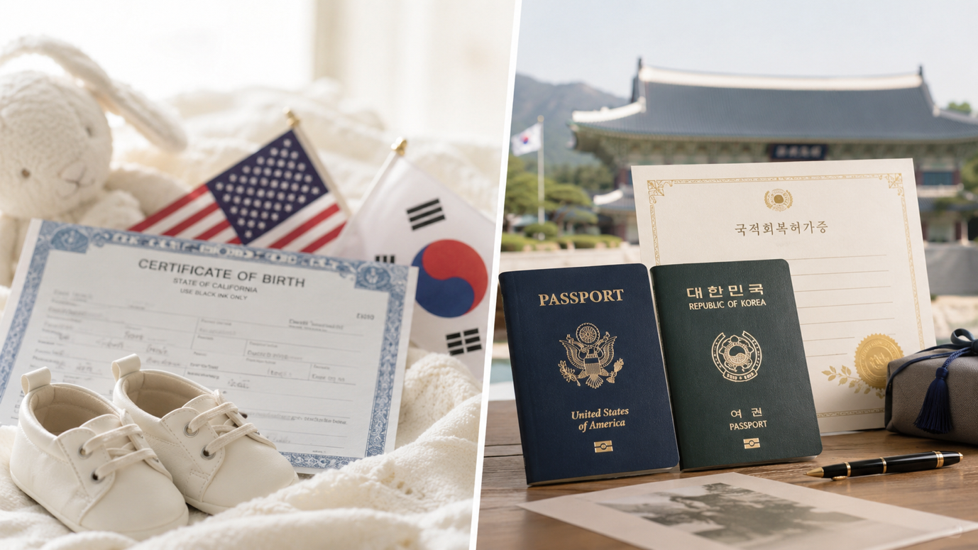 복수국적 개념 — 한국·미국 국기와 여권, 선천적·후천적 복수국적 구분