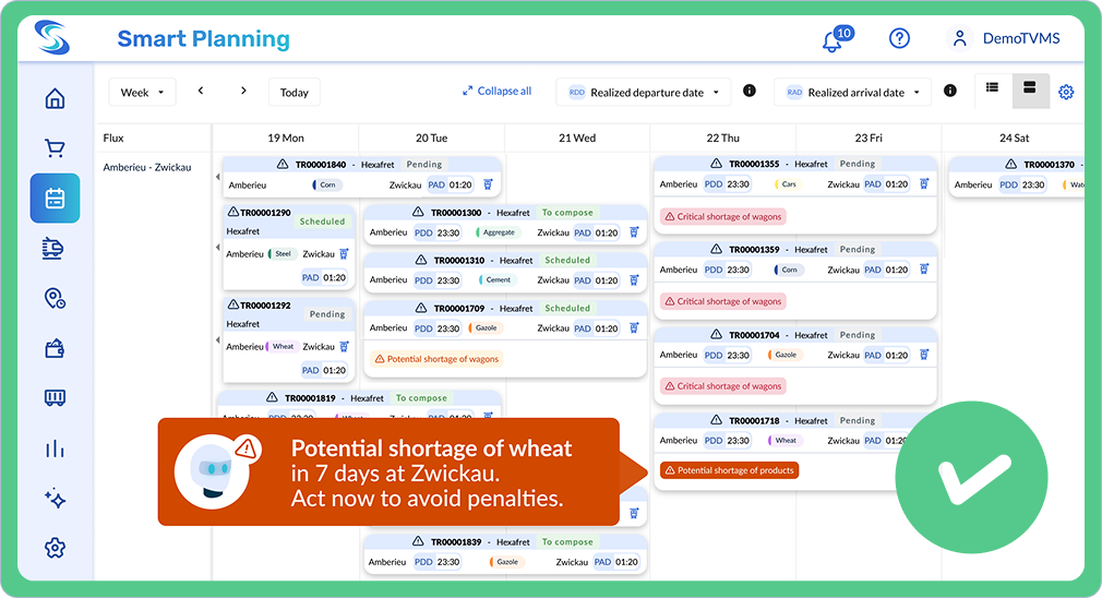 Weekly transport planning view with a wagon shortage alert