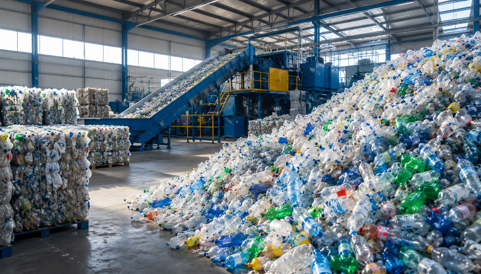 Large recycling facility with piles and bales of plastic bottles near conveyor belts and machinery.