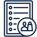 Icon of a checklist with checkmarks and a circular user group symbol on the bottom right.