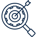 Magnifying glass focusing on a target with an arrow hitting the bullseye.