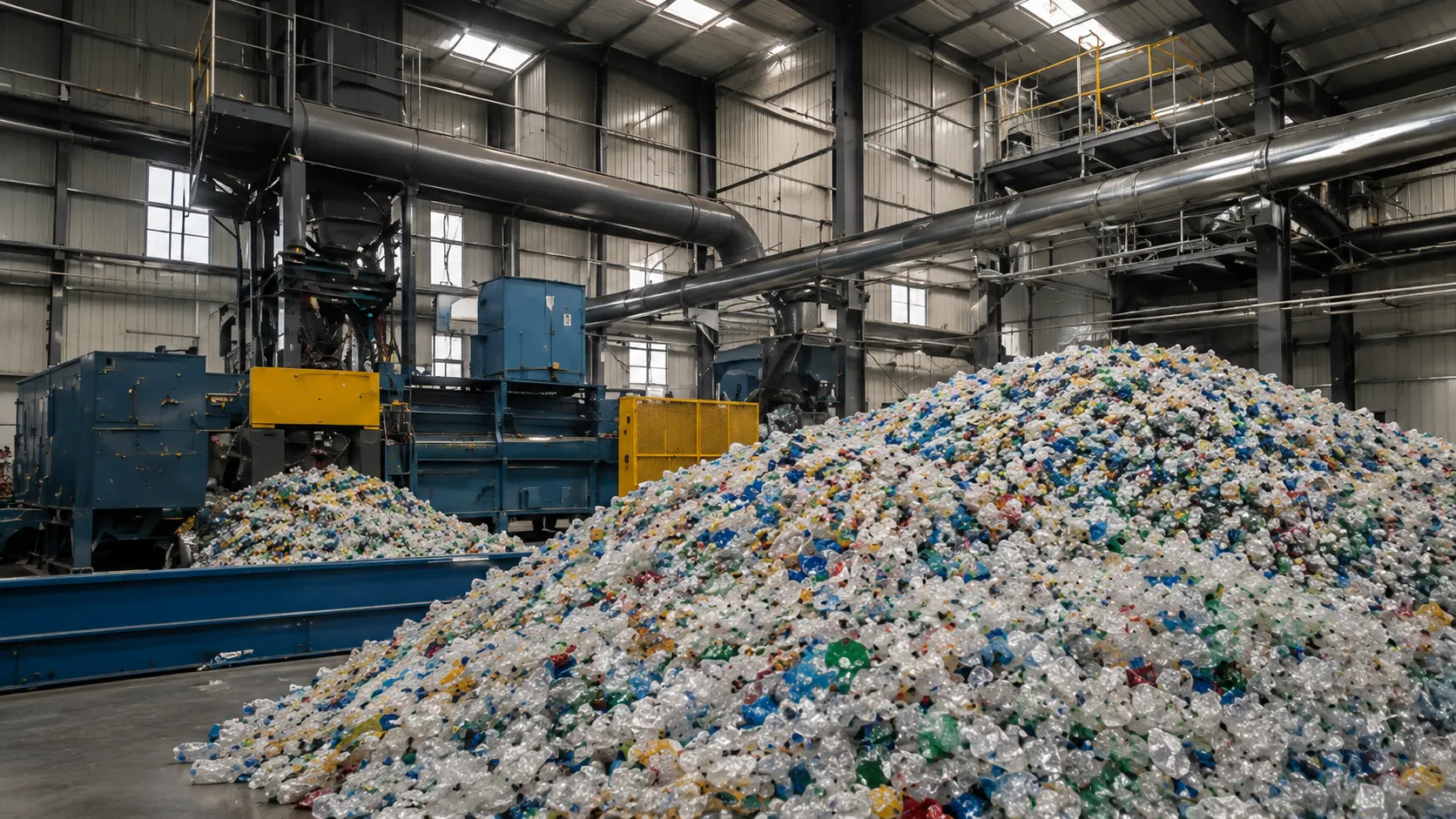 Large piles of plastic bottles inside an industrial recycling facility with machinery and ventilation pipes.