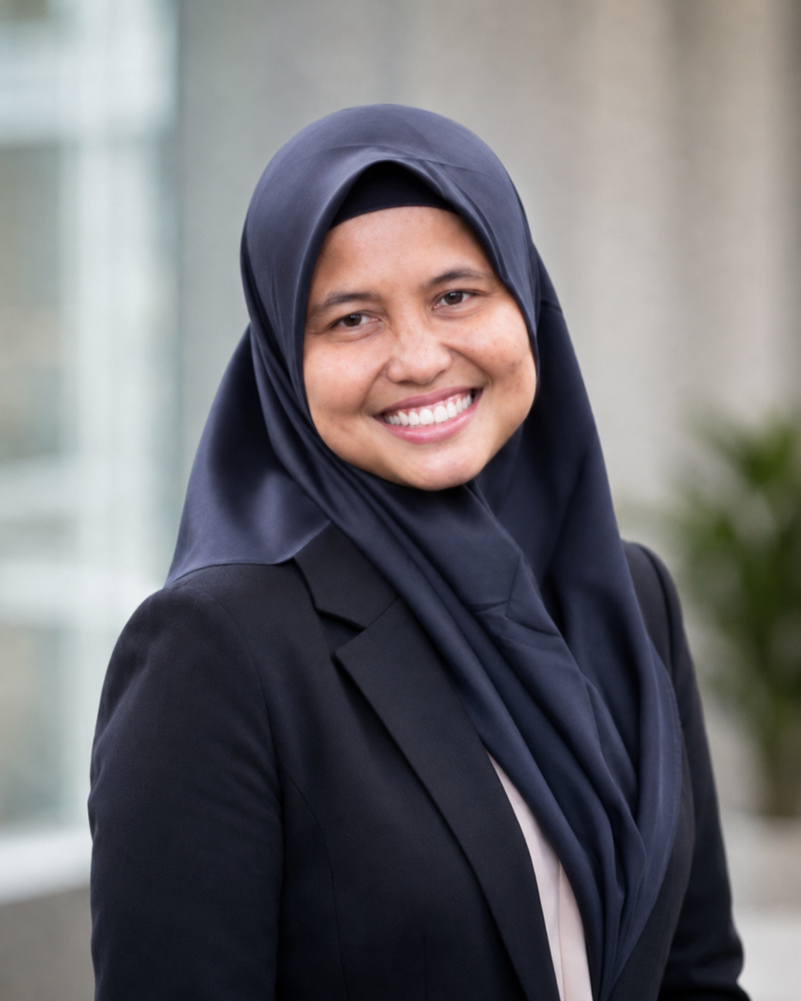 Smiling woman wearing a dark hijab and black blazer in a softly blurred office setting.