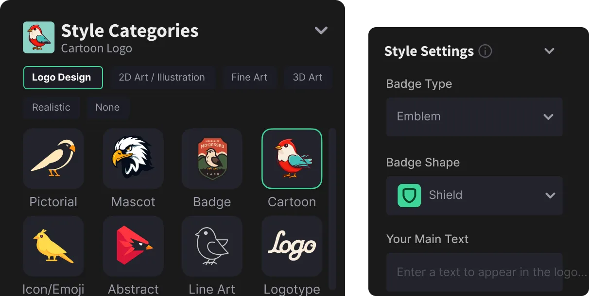 LogoDiffusion style category settings for cartoon logos