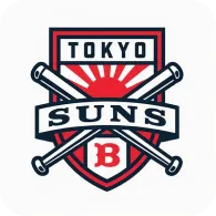 Tokyo Suns basketball logo with crossed bats and red rising sun emblem