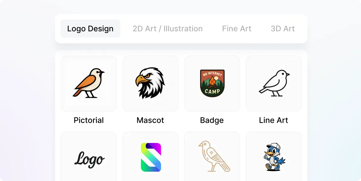 Logo design categories interface with mascot and badge styles