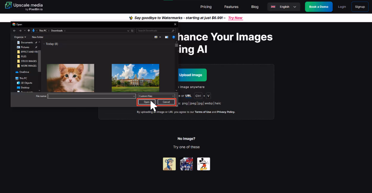 Upload image on Upcale.media